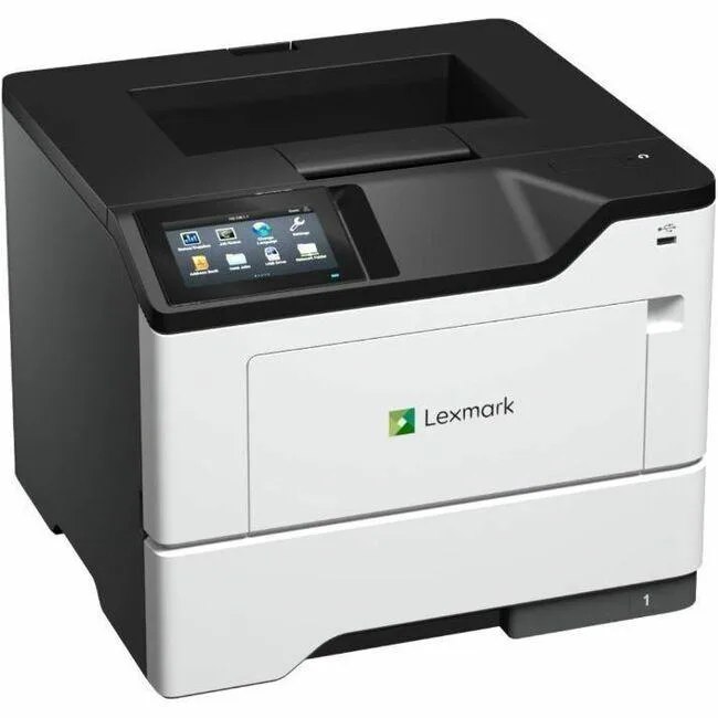 White rectangular desktop laser printer with front paper tray and control panel