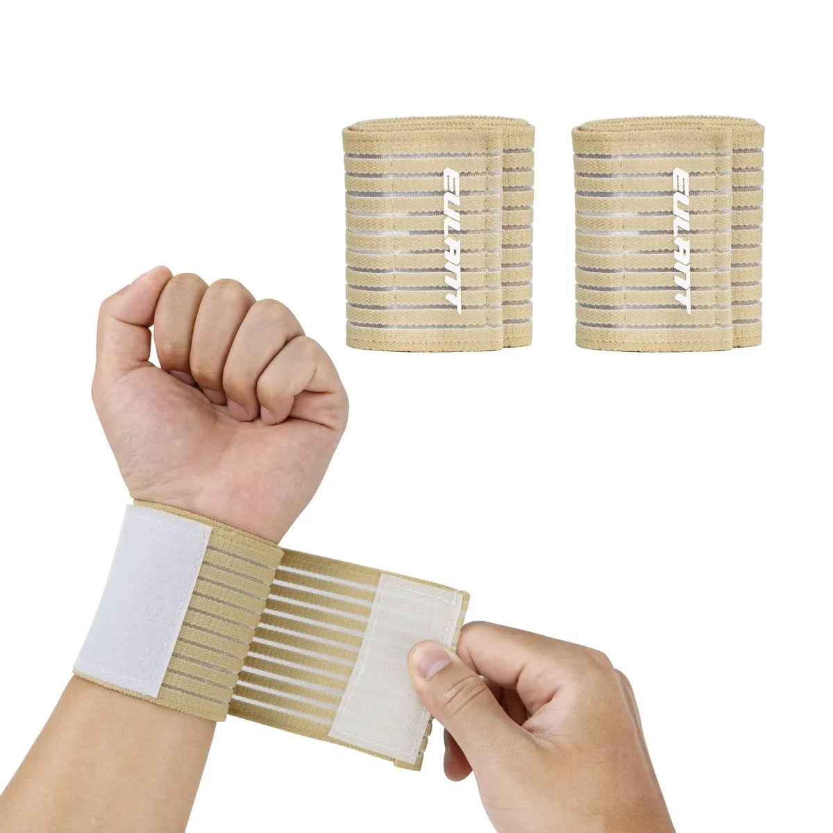 Two beige elastic wrist support braces with Velcro closures, 40cm length