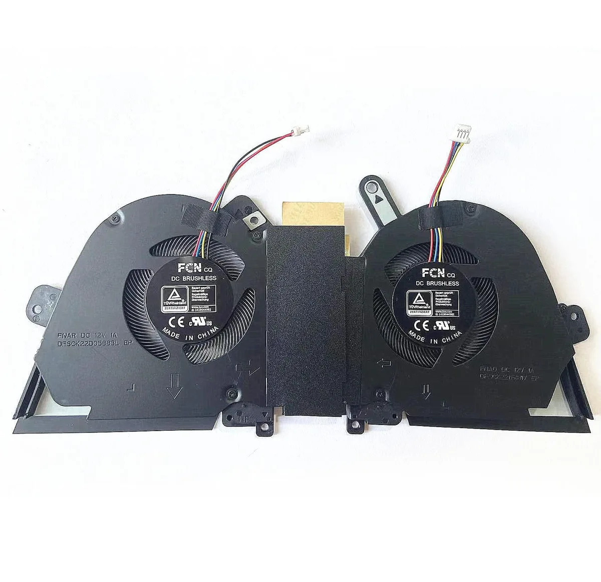 Two black laptop cooling fans with four-pin connectors side by side