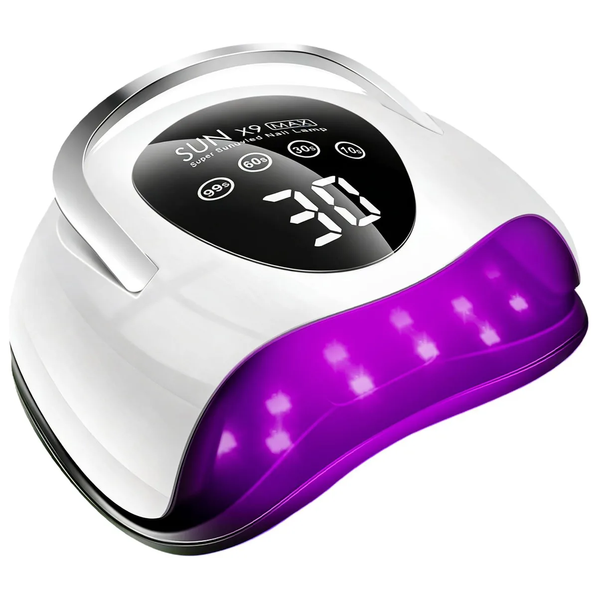 White rectangular UV LED nail lamp with LCD touch display and 57 visible beads