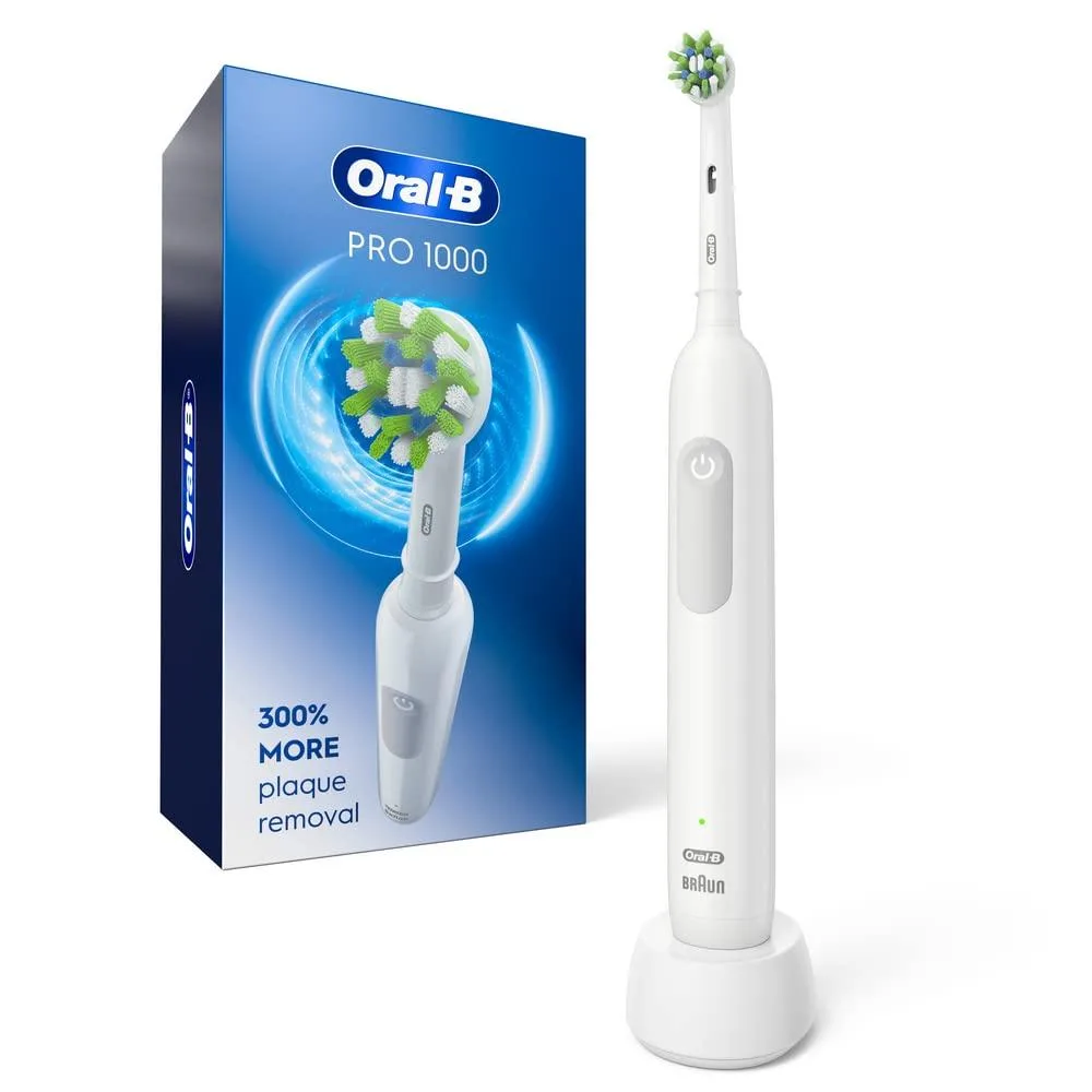 White rechargeable electric toothbrush with round brush head and timer