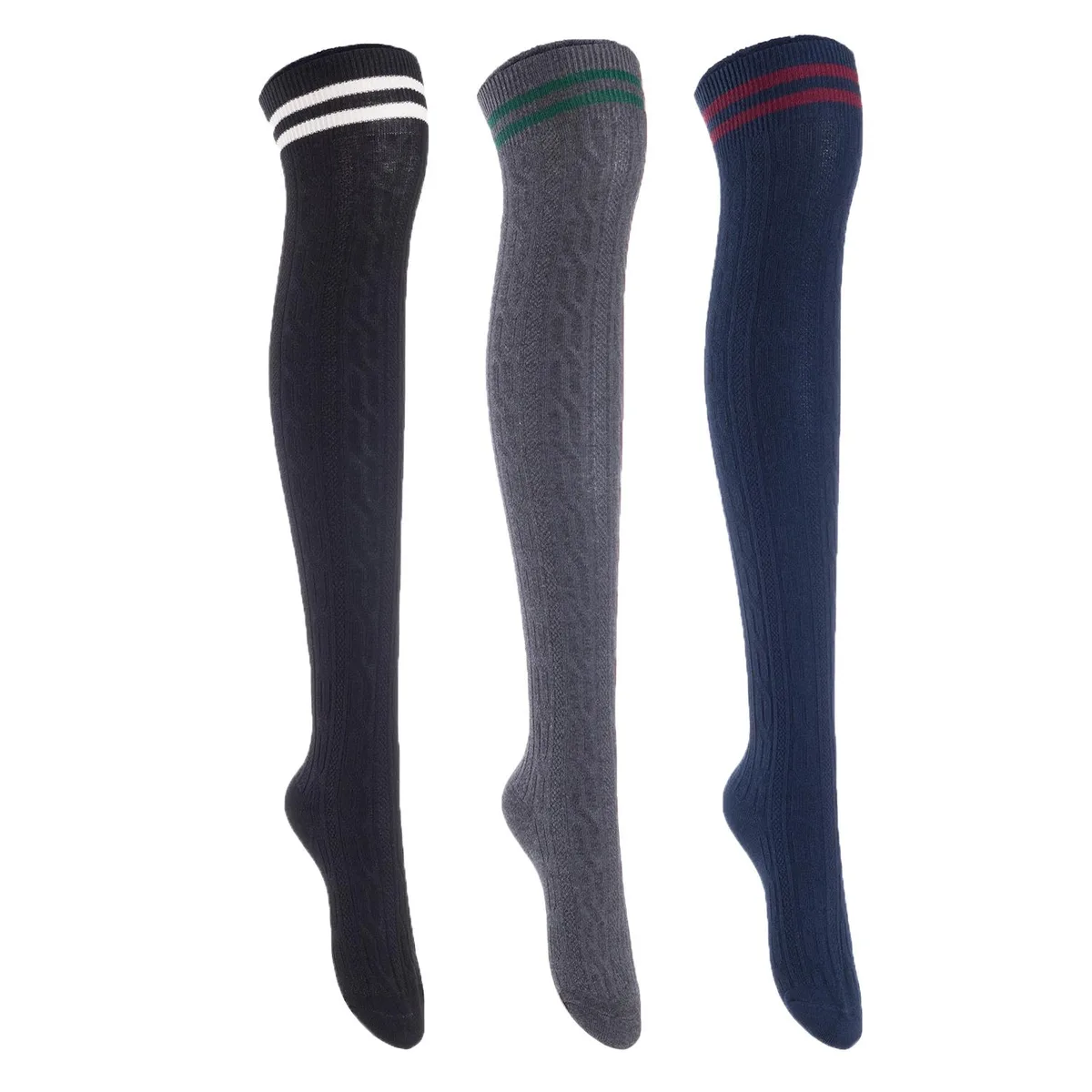 Three pairs of black dark grey and navy thigh-high cotton socks folded together