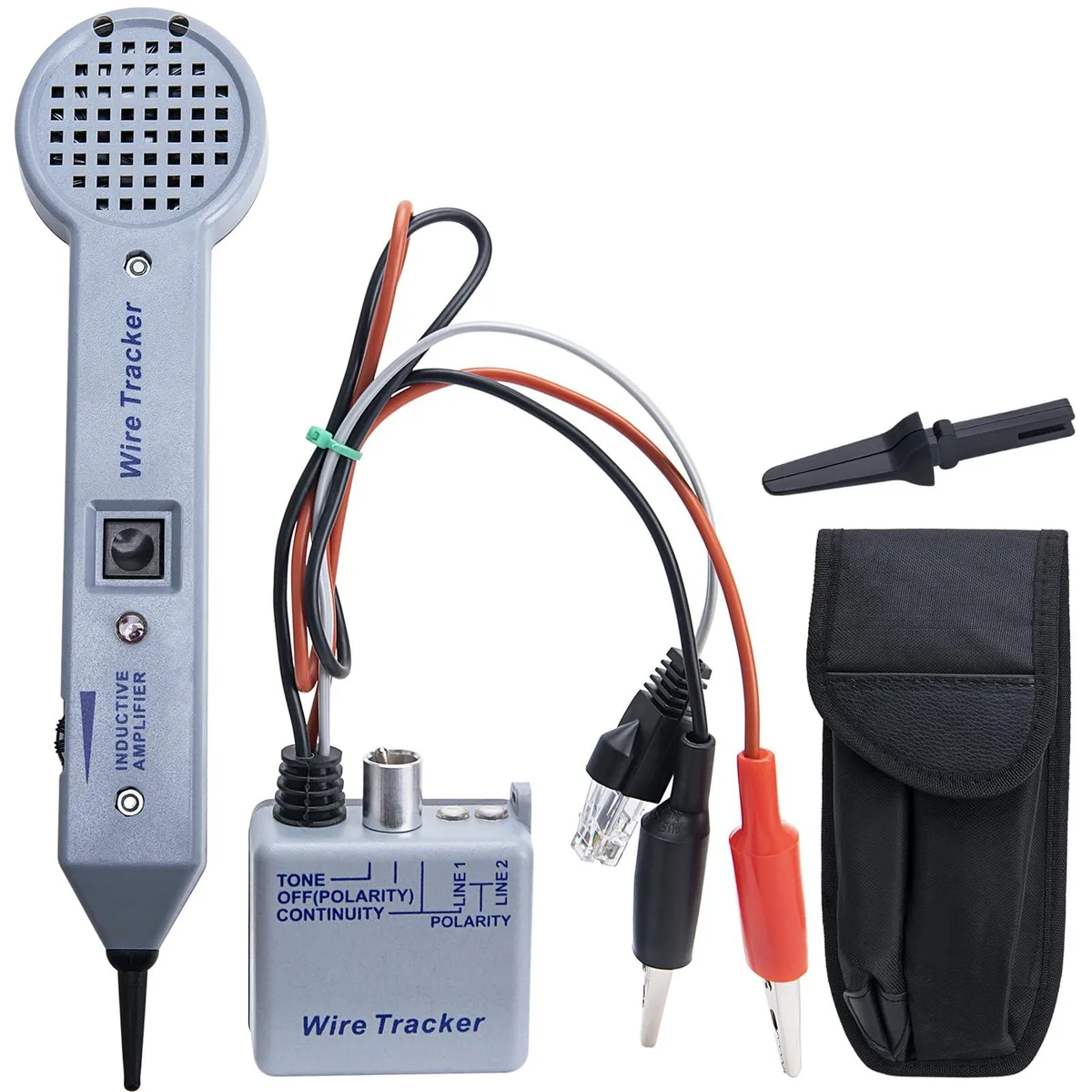 Yellow plastic tone generator and probe kit, rectangular transmitter with clip leads and wand receiver, 9.1 by 2.2 by 1.1 inches