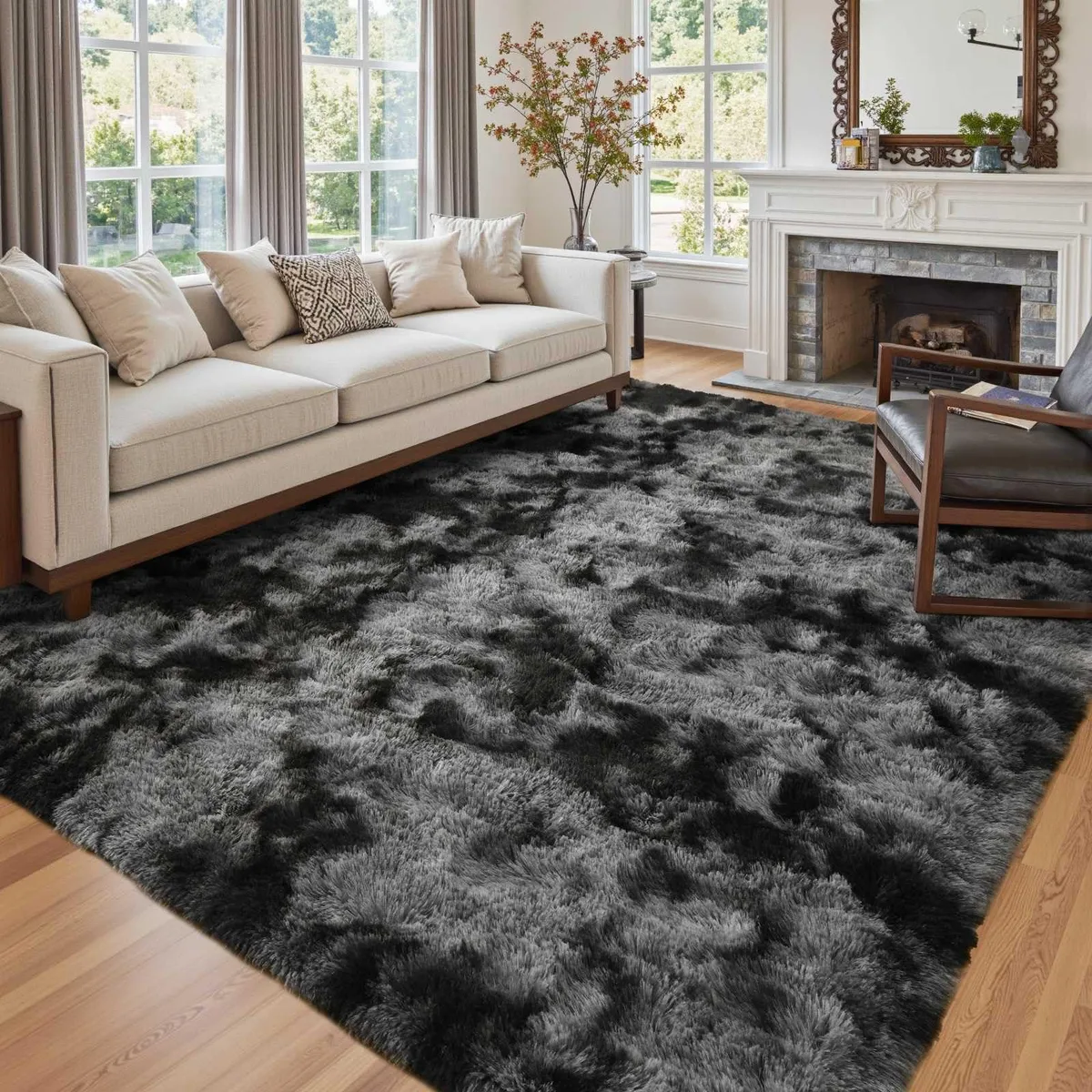 Dark grey tie-dyed rectangular shag rug with ultra-soft high pile and non-slip backing