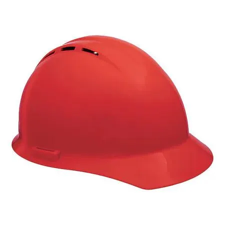 Red Americana hard hat with front brim, polyethylene shell, four-point pinlock suspension, side slots, vented