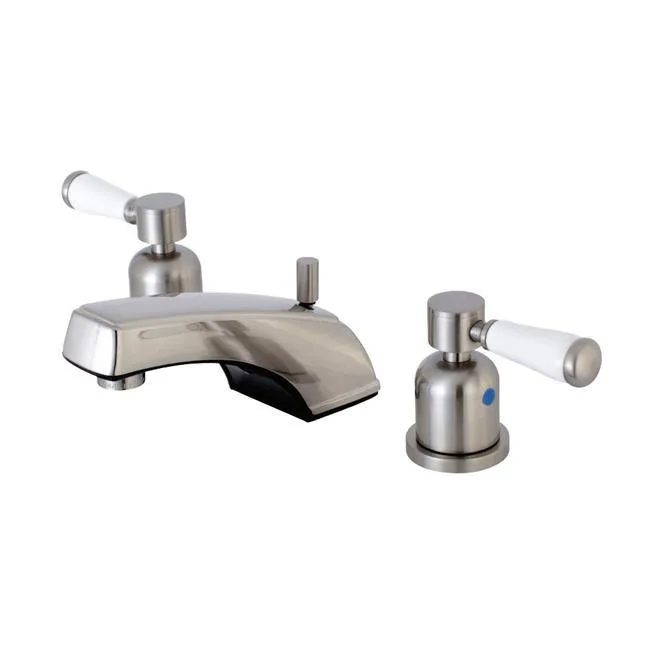 Brushed nickel widespread lavatory faucet with porcelain lever handles