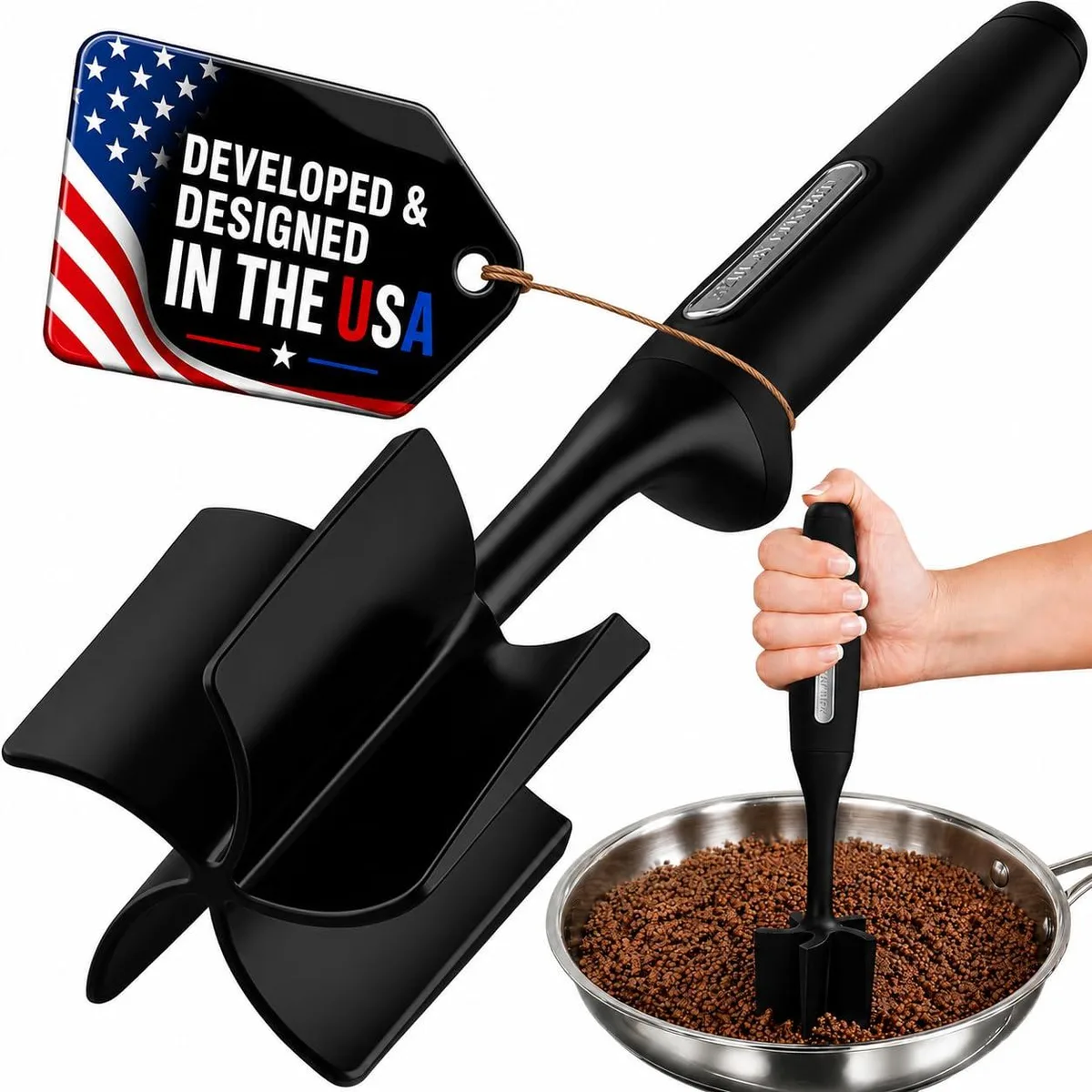Black nylon five-blade meat chopper with soft rubber handle