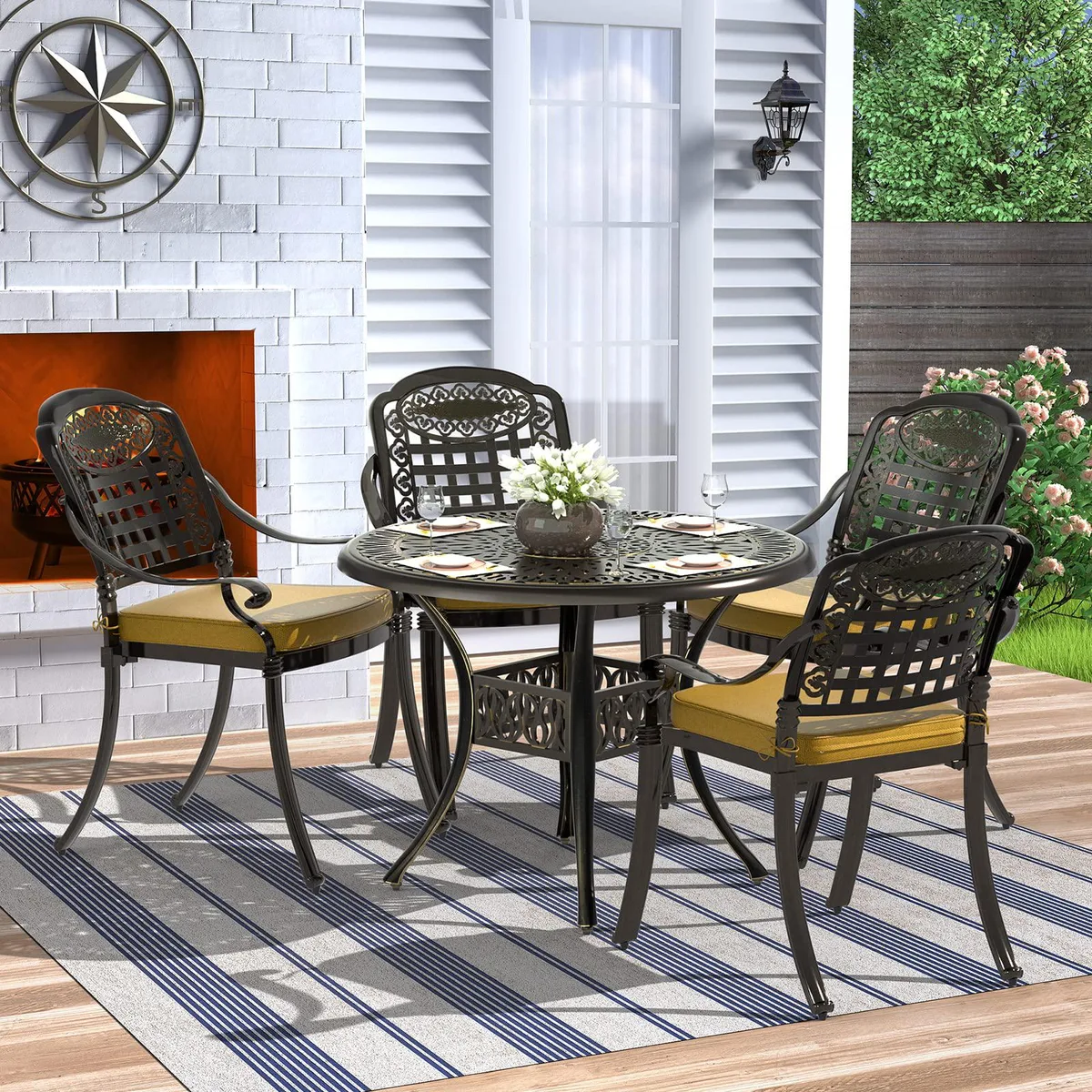 MEETWARM MEETWARM 5-Piece Patio Dining Set 35.4" Round Table 4 Chairs Cushions — product photo