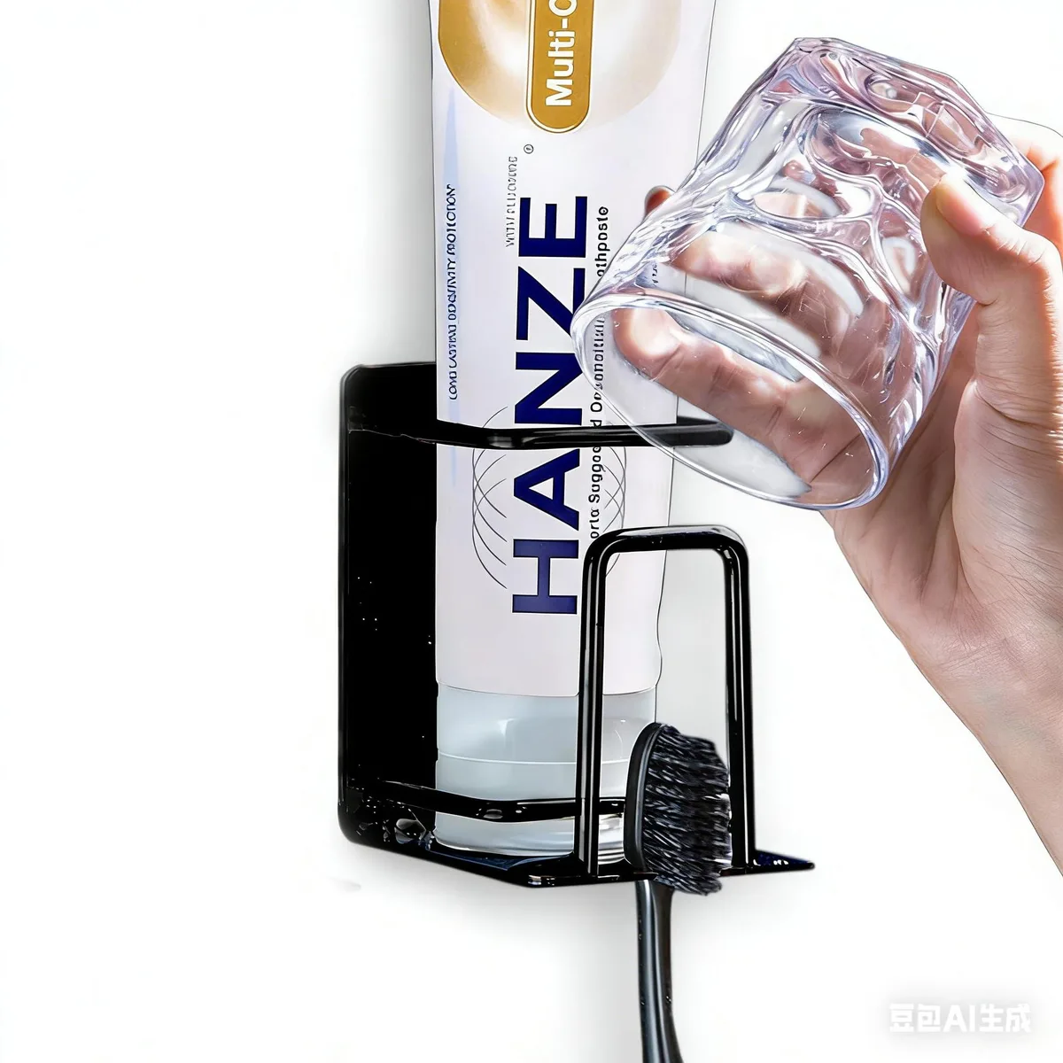 Black stainless steel wall-mounted holder with three square compartments for toothbrushes, toothpaste and rinse cups