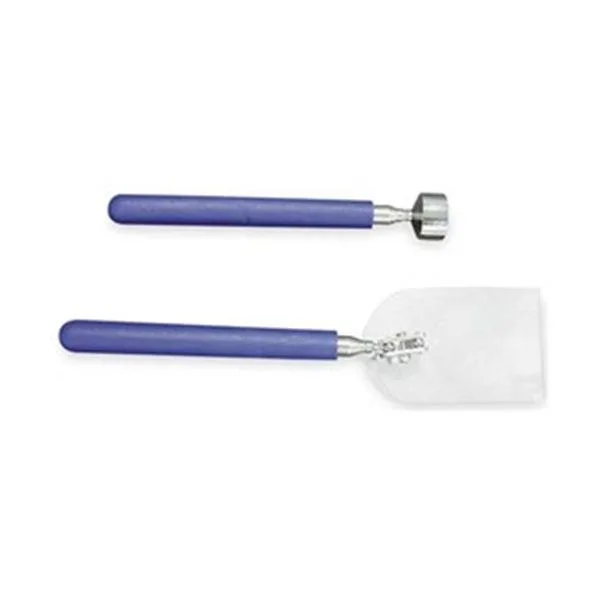 Two-piece telescoping inspection set with magnetic pickup tool and rectangular mirror, plastic cushioned handles