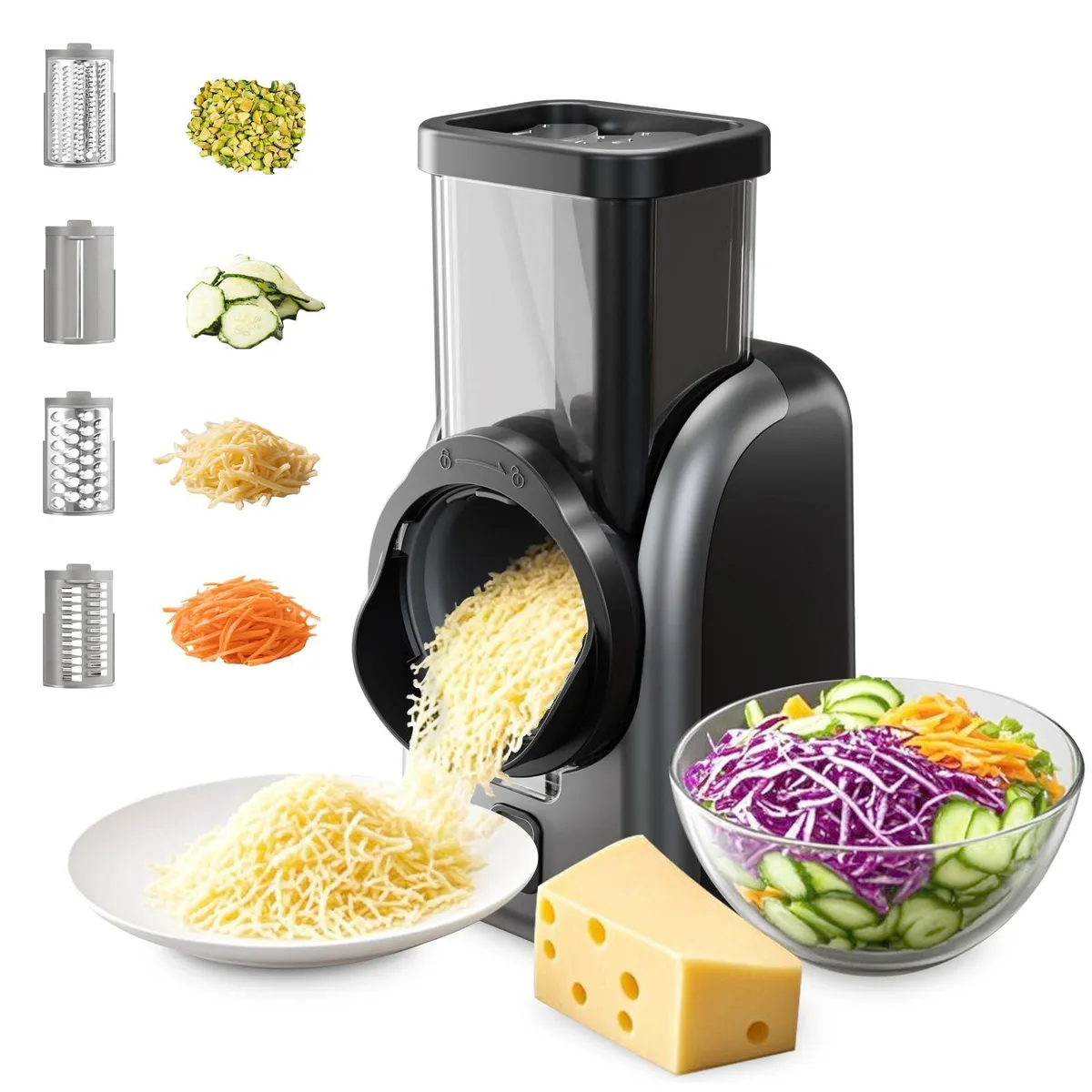 White electric cheese grater with four silver drum blades and large feed chute