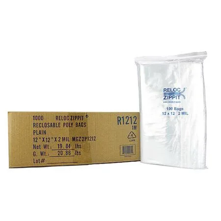 Clear square reclosable bags with zip seal, flat pack of 1000