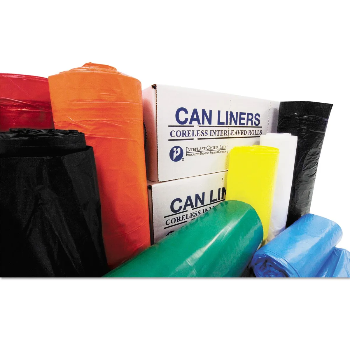 Red can liners on coreless rolls in a carton