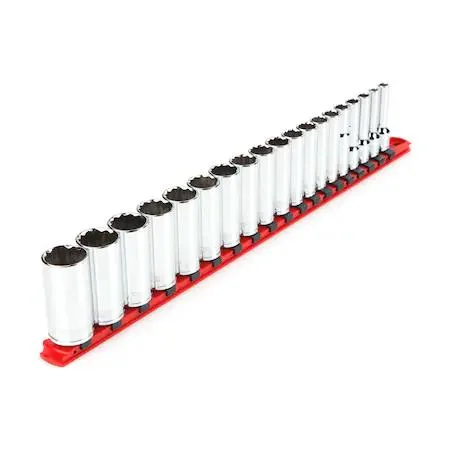 TEKTON 19-piece 3/8 inch drive deep 12-point socket set on rail
