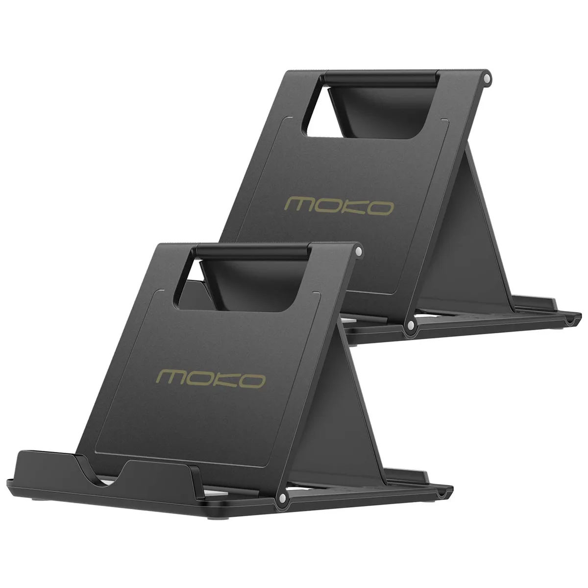 Two black foldable desktop stands with adjustable slots and rubber pads