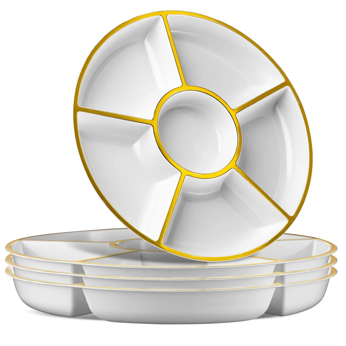White and gold 12-inch round plastic serving tray with six divided sections and a centre dip compartment, lightweight glossy finish