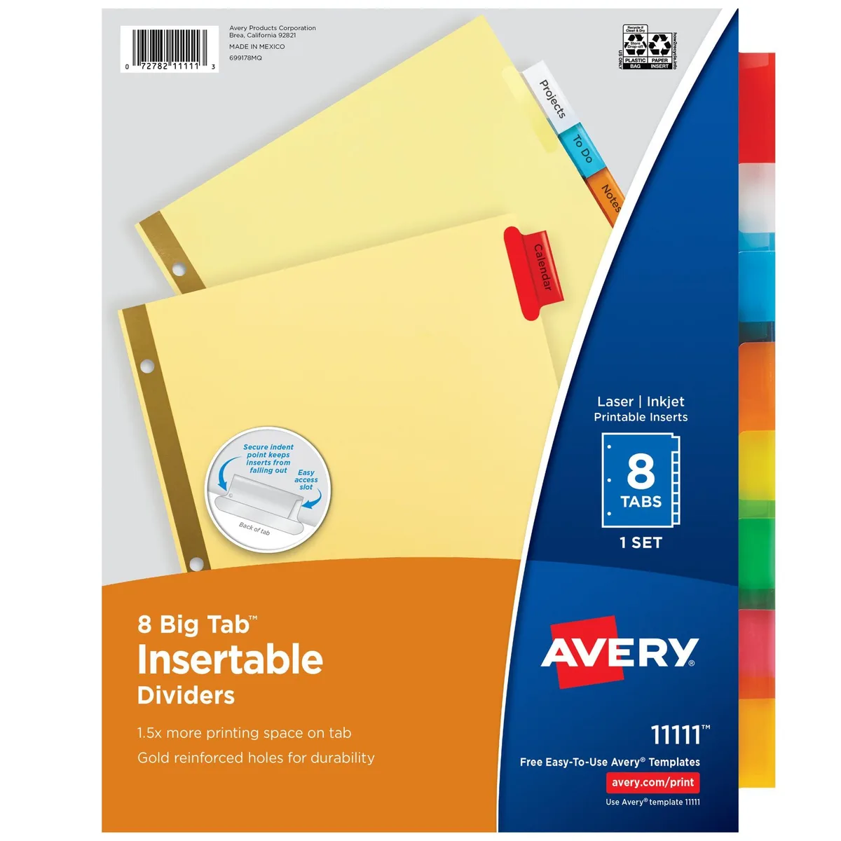 White buff paper dividers with eight multicolour reinforced tabs and gold-ring holes, 11 by 9 inches
