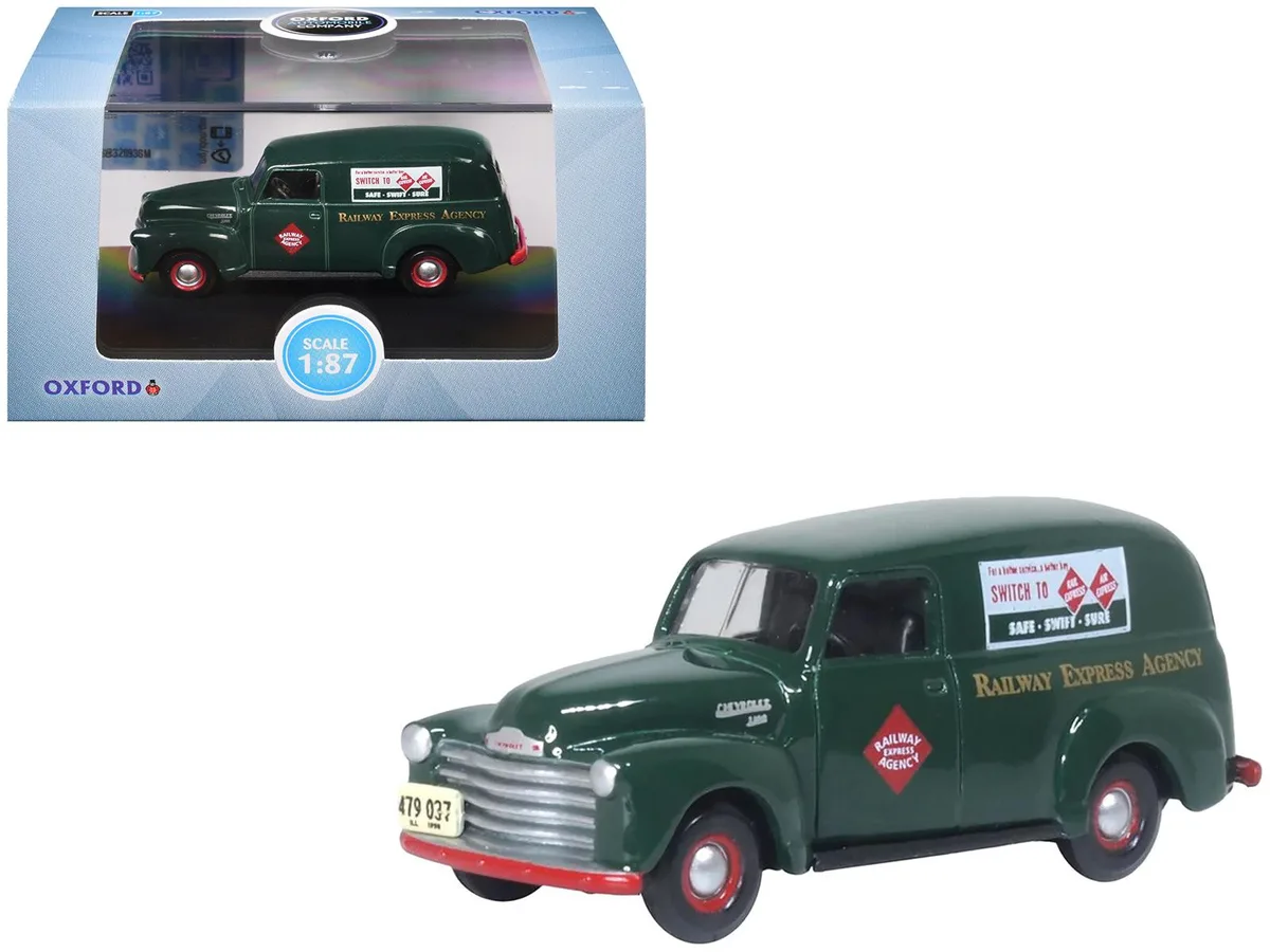 Oxford Diecast Oxford Diecast 1950 Chevrolet Panel Van Railway Express Agency Dark Green 1/87 HO Diecast Model Car — product photo