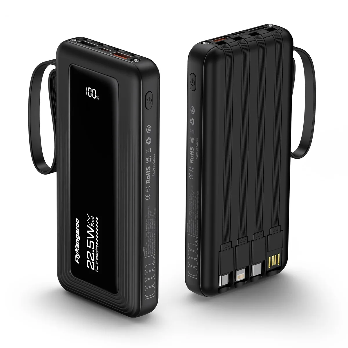Slim black power bank with built-in cables and LED display