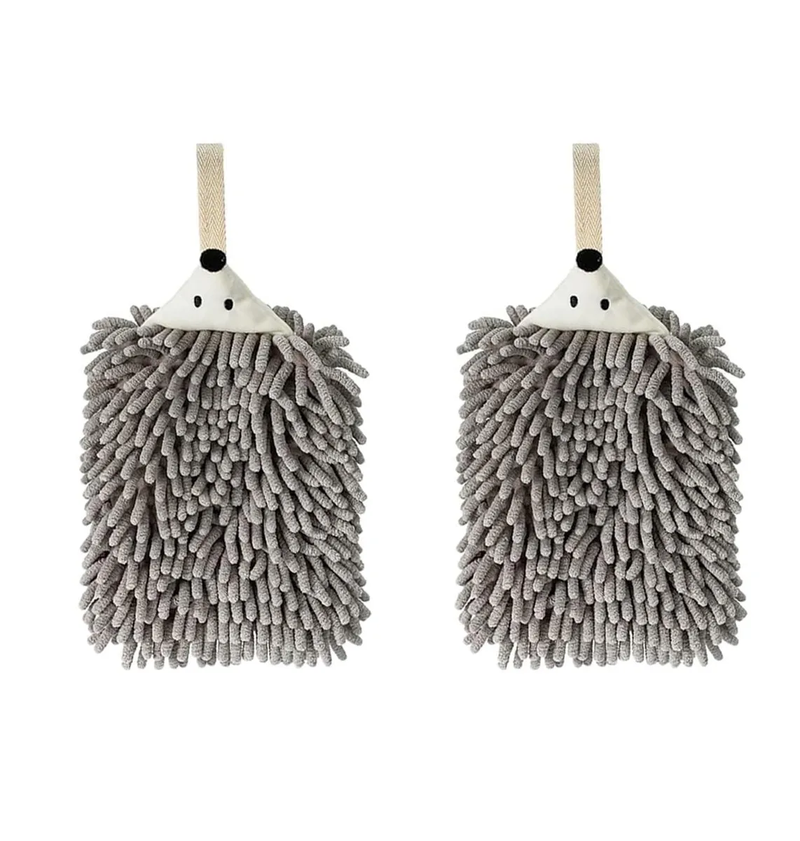 Two folded pink chenille hand towels with hedgehog embroidery and button loops