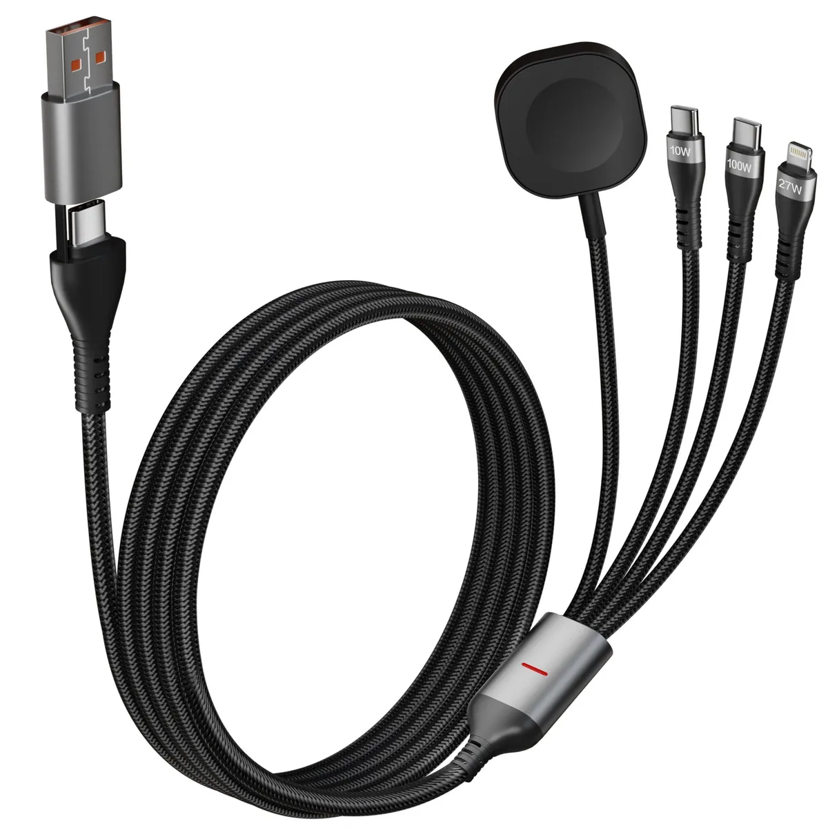 A 10ft black cable with USB-A and USB-C inputs splitting into two USB-C, Lightning and magnetic Apple Watch connectors