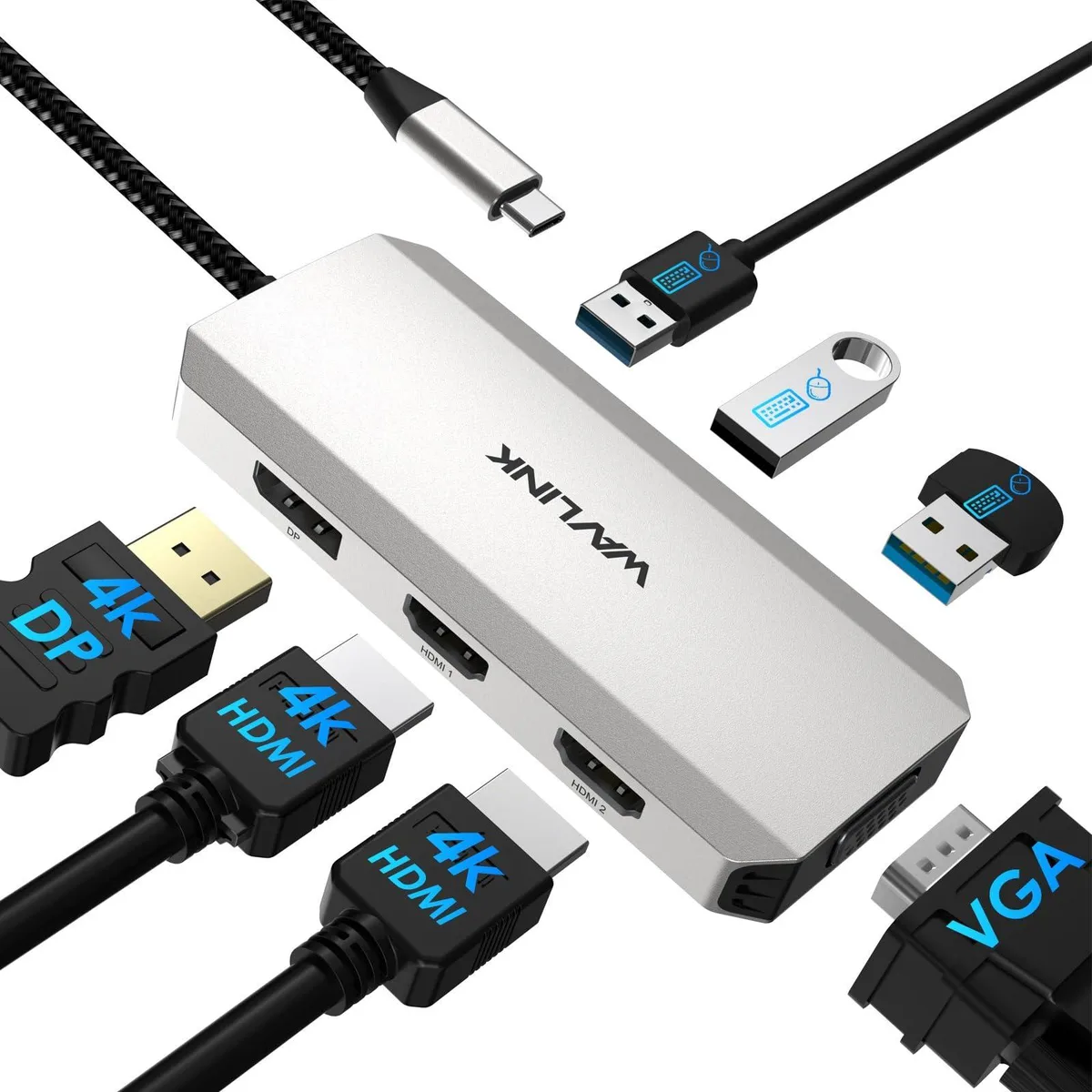 Compact silver aluminium docking station with short USB-C cable