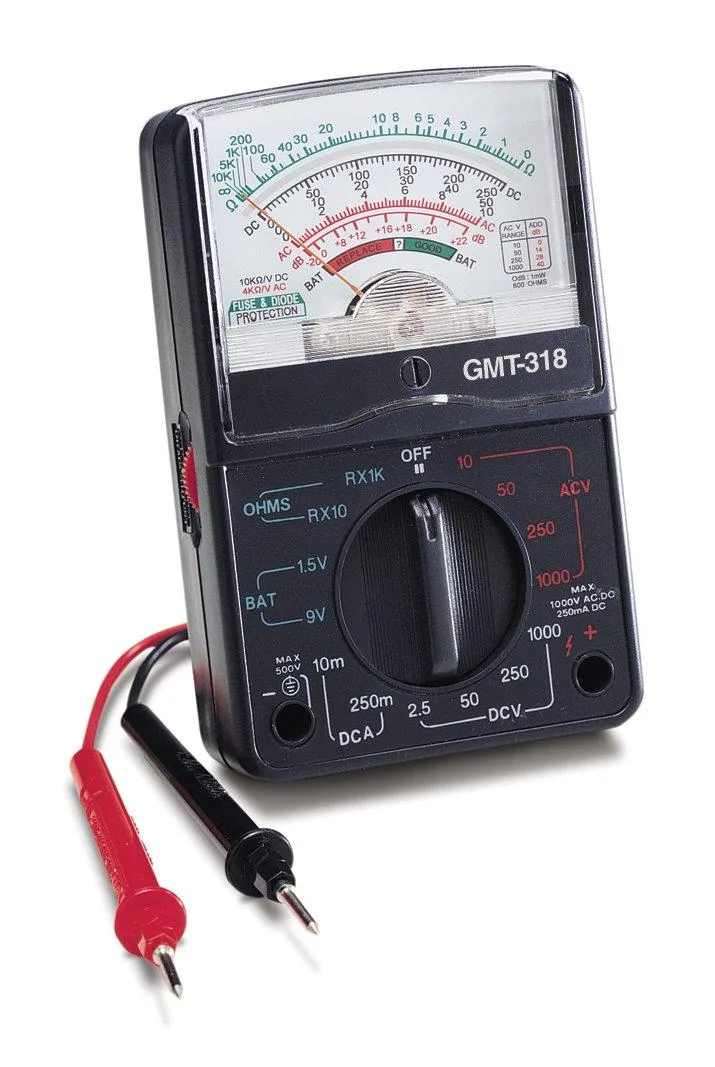 Pocket analog multimeter with rotary dial and test leads