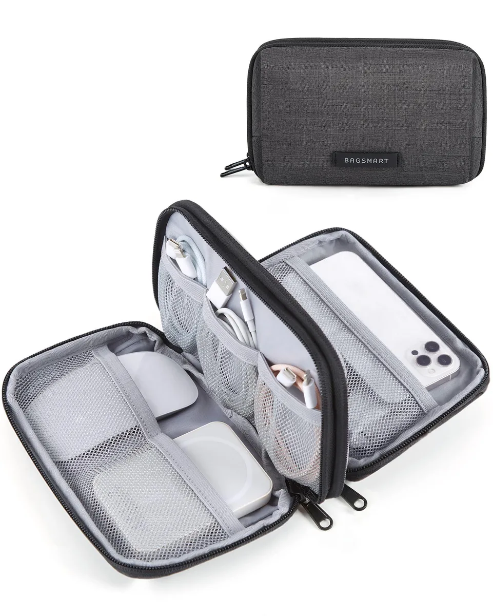 Small grey zippered electronics organizer with Florida Gators logo, dual-layer mesh pockets and elastic loops, 7.9 by 4.7 by 2.4 inches