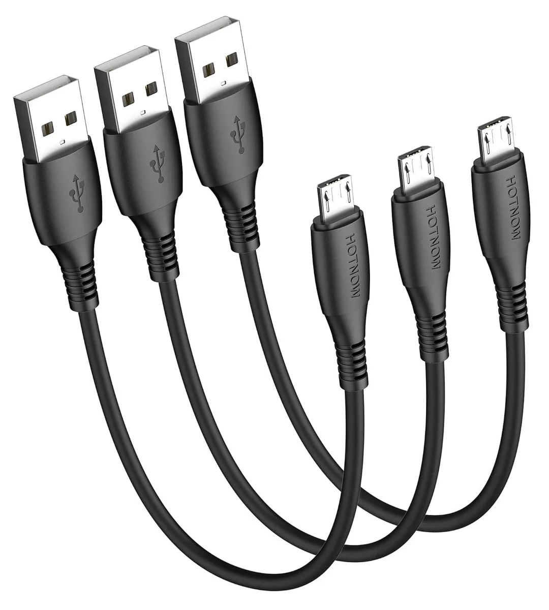 Three short micro USB cables with USB-A connectors, matte finish, 12 inch length