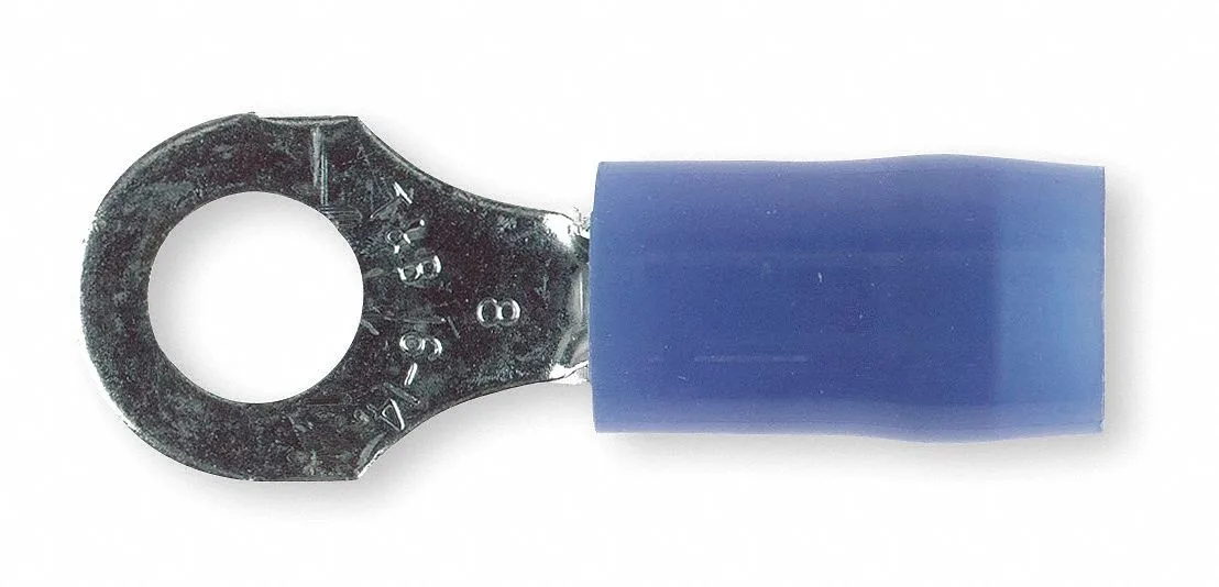 Blue nylon insulated ring terminal for 14 AWG wire with #8 stud hole