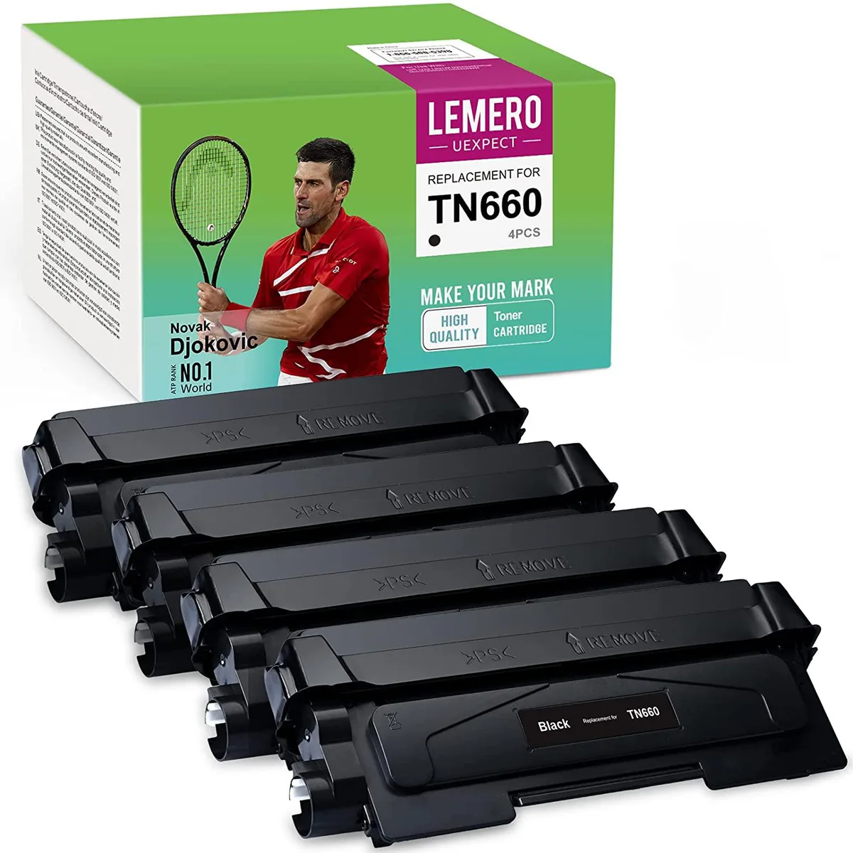 Four black toner cartridges in a white box