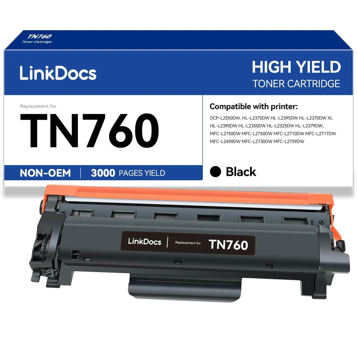 Rectangular black toner cartridge with green circuit chip and pull-tab protective strip
