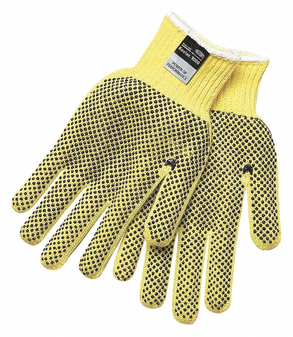 Twelve pairs of yellow and black knit cut-resistant gloves with dotted coating