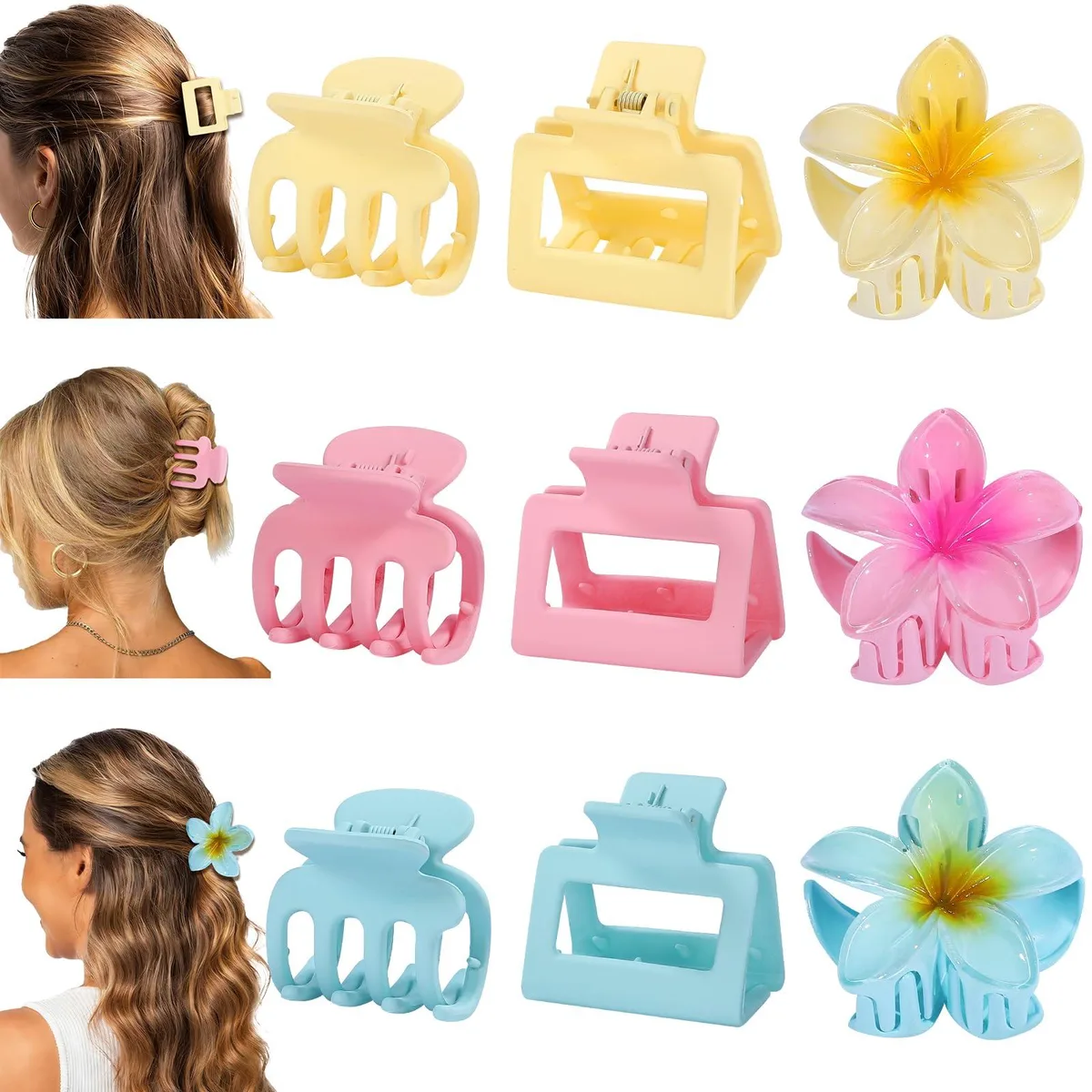Nine pastel claw clips in square, round and flower shapes, pink yellow and blue