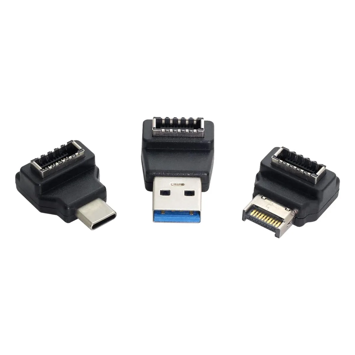 Three black 90° USB 3.1 Type-E adapters: Type-C male, Type-A male, Type-E male, each with Type-E female port