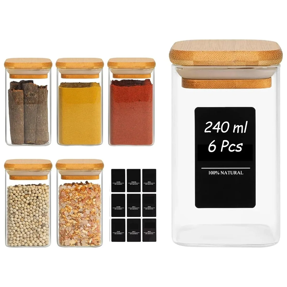 Six square glass jars with bamboo lids on a surface