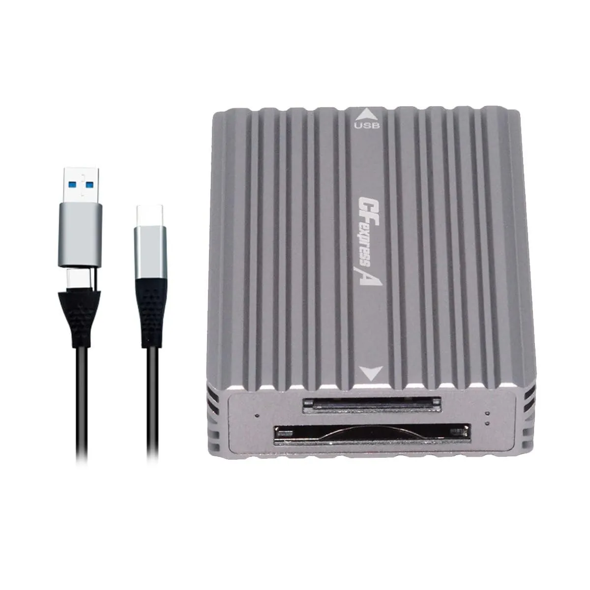 Compact USB-C adapter with two CFexpress card slots, gold-plated connectors, bare PCB