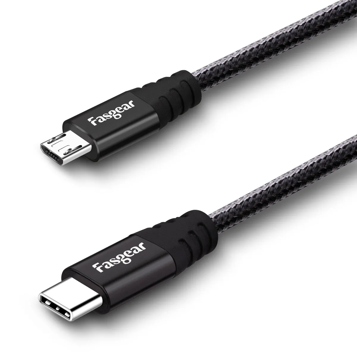 Black nylon-braided USB-C to Micro USB cable, six feet long, male-to-male connectors
