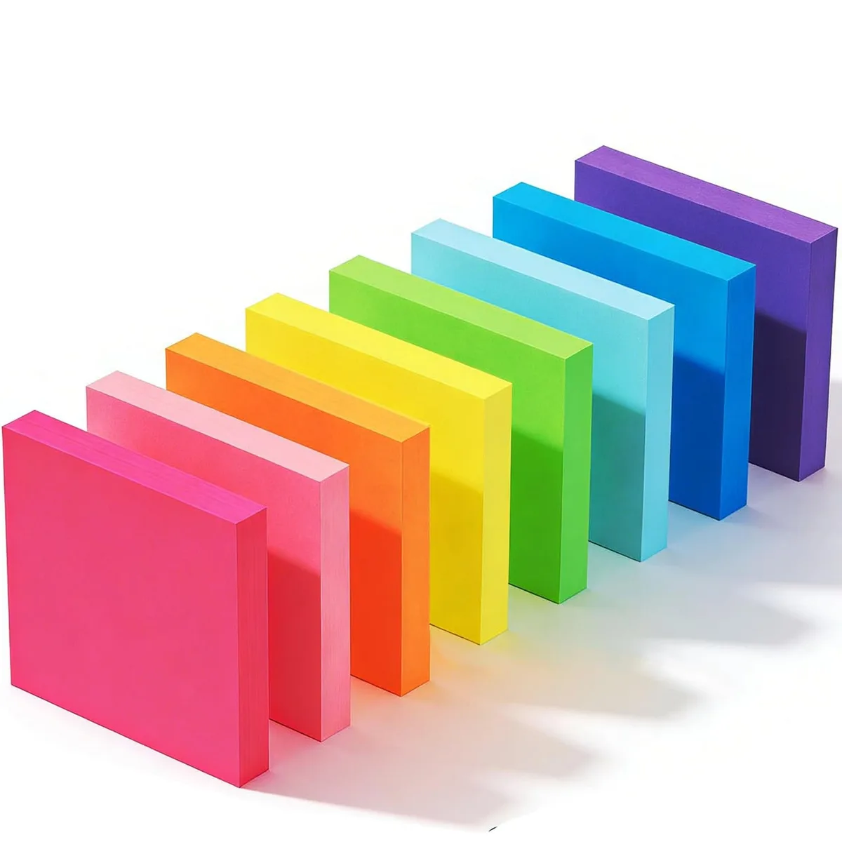 Eight square sticky-note pads in bright colours, 3 by 3 inches each