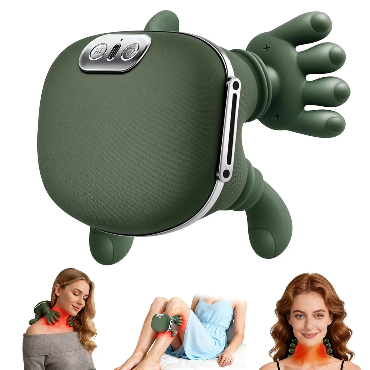 Green wrap-around neck massager with curved ABS shell and fabric contact surface