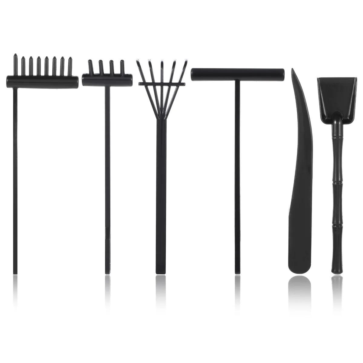 Six black PVC rake tools for miniature sand garden