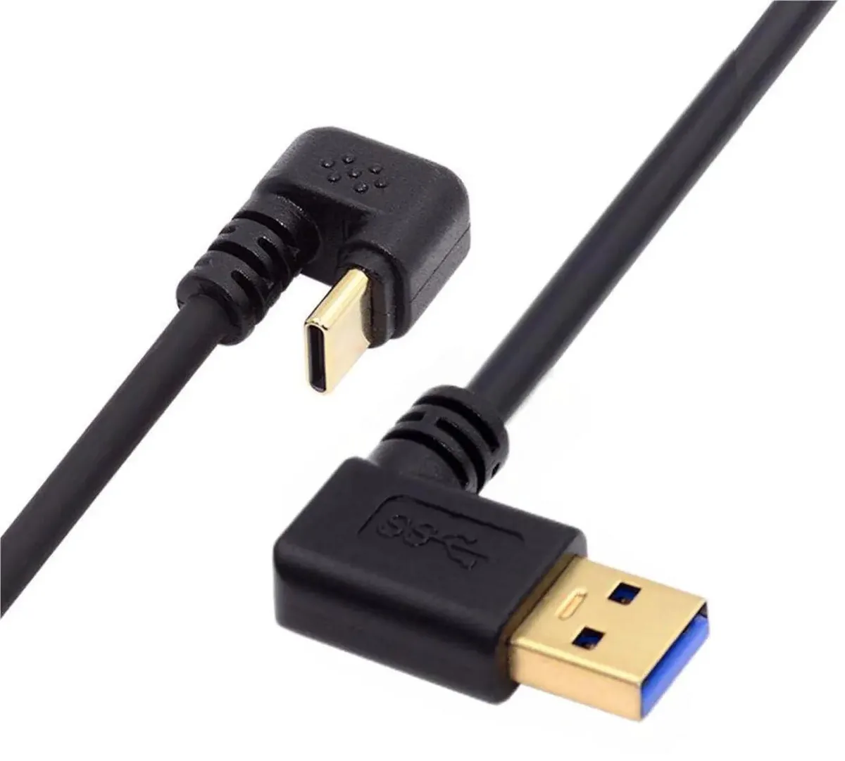 Short 0.3m USB 3.0 to USB-C extension cable with 90° left and 180° U-shape angled connectors