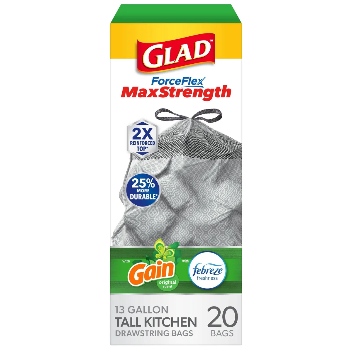A box of 20 white drawstring kitchen trash bags with Gain scent branding