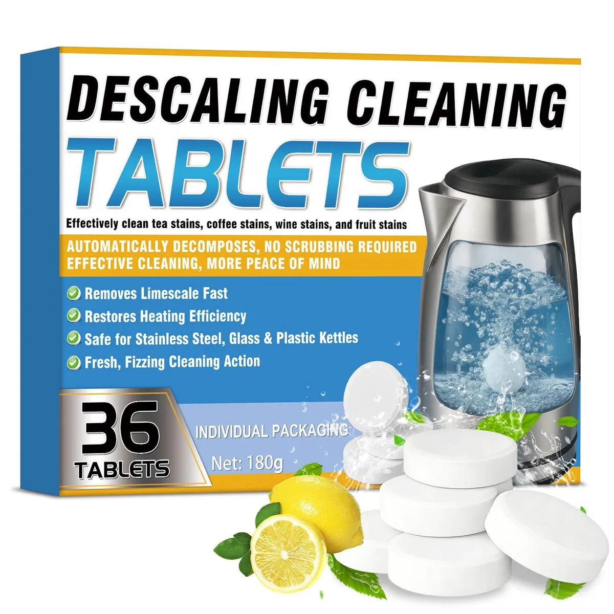 White cardboard box containing 36 individually wrapped descaler tablets