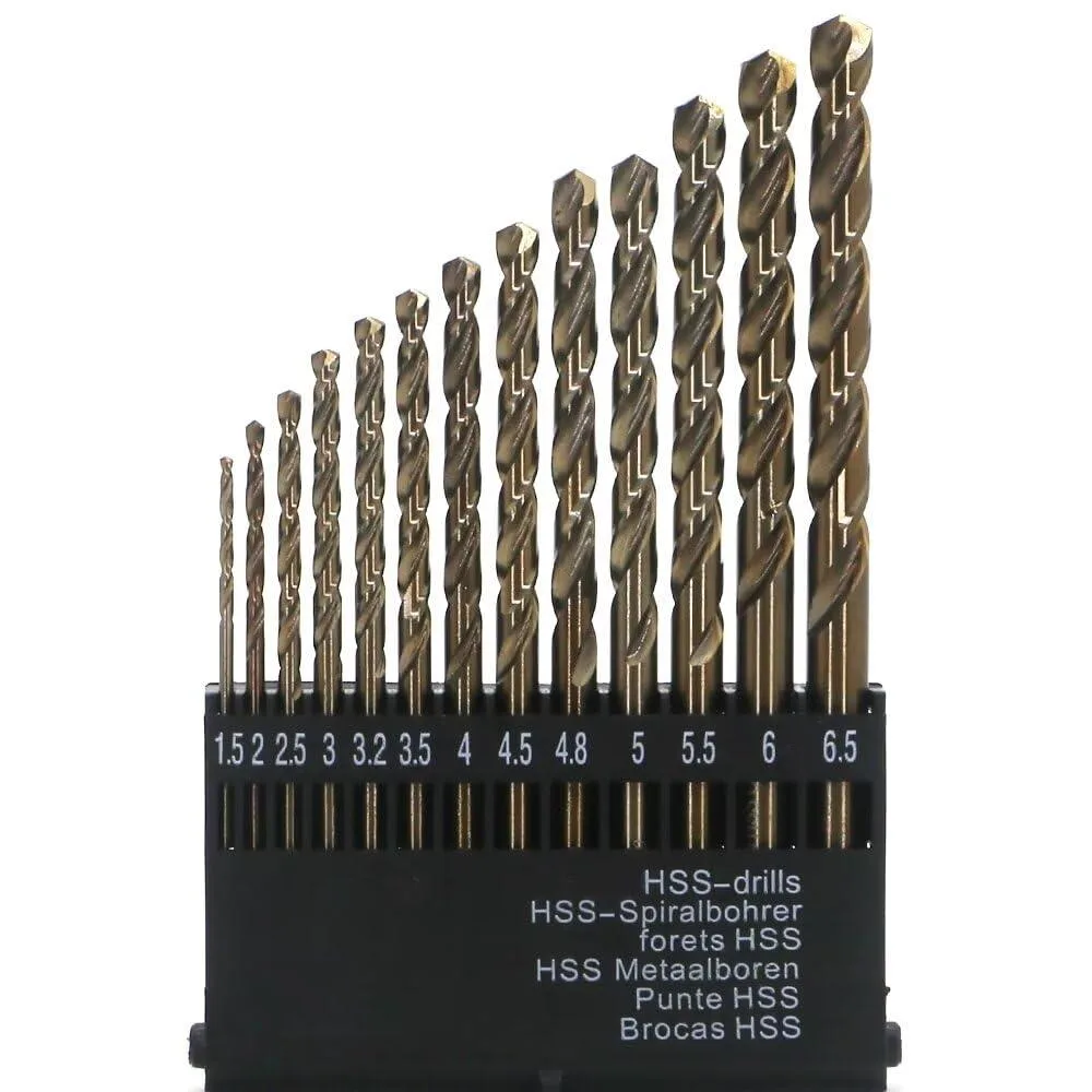 Thirteen cobalt drill bits 1.5 to 6.5 mm in chrome case