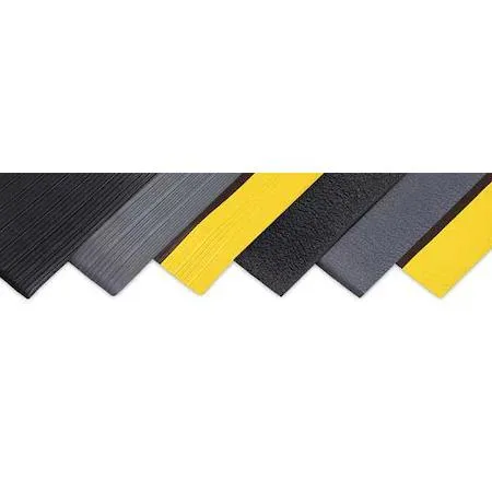 Black vinyl anti-fatigue mat with raised ribbed pattern and four beveled edges