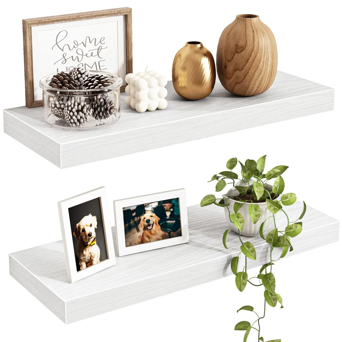 Two white rectangular floating shelves with visible wood grain finish, 15.75 inches long