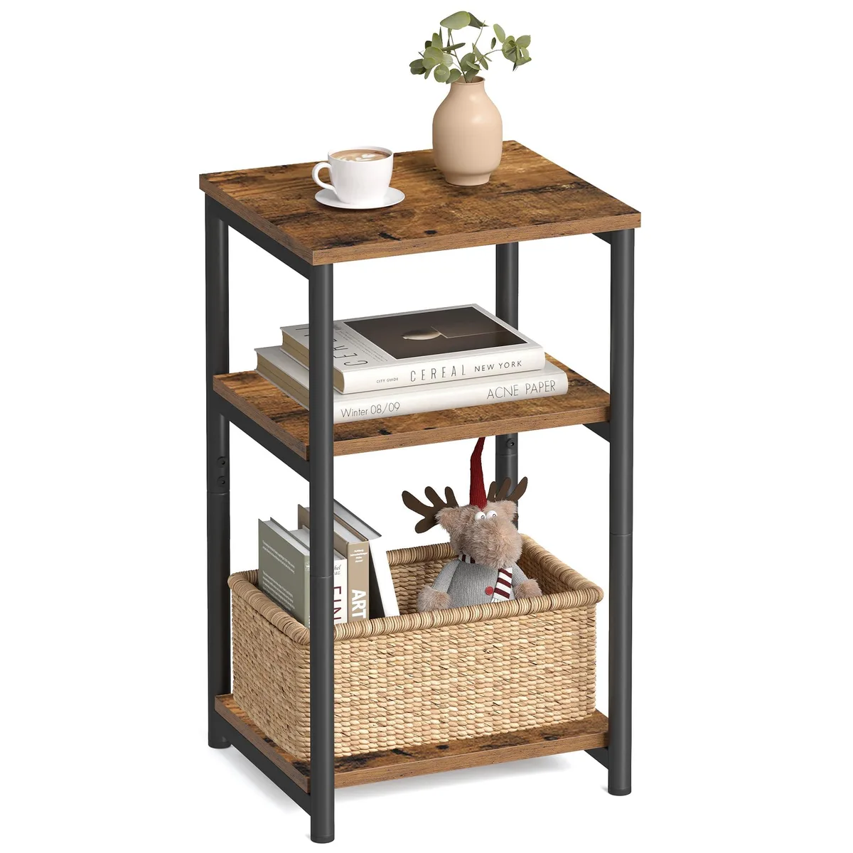 Tall narrow three-tier side table with black steel frame and rustic brown shelves