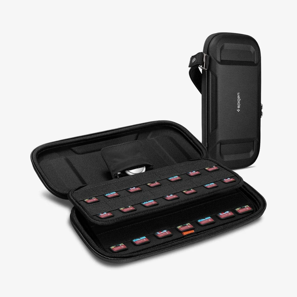 Black faux-leather hard-shell cartridge case with wrist strap, holds 56 Switch cards