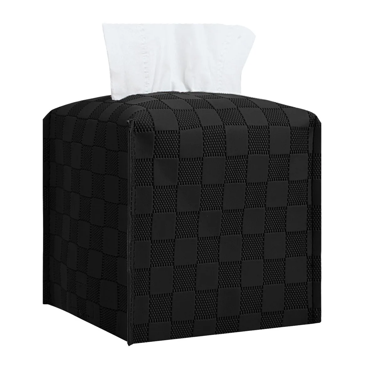 Square PU leather tissue box cover with brushed finish, 5x5x5 inches, velcro base